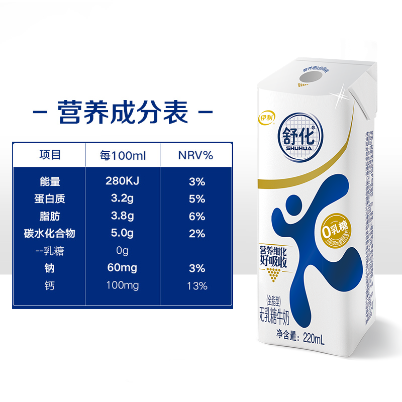 【毛不易同款】伊利旗艦店舒化無乳糖全脂牛奶220ml*24盒整箱早餐